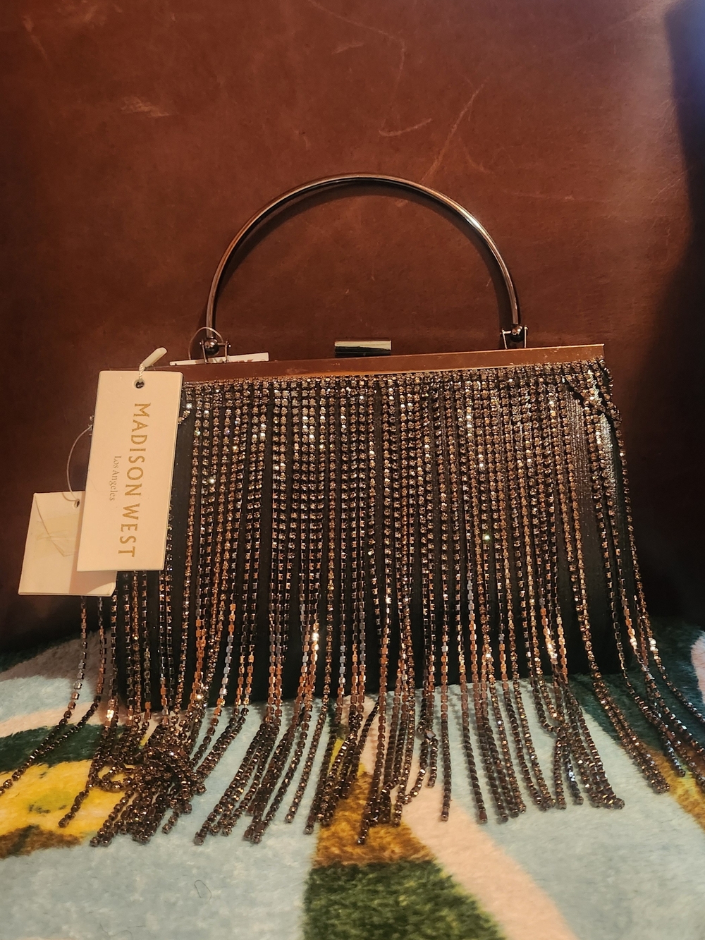 Madison West Black Crystal Fringe Top-Handle Evening Bag